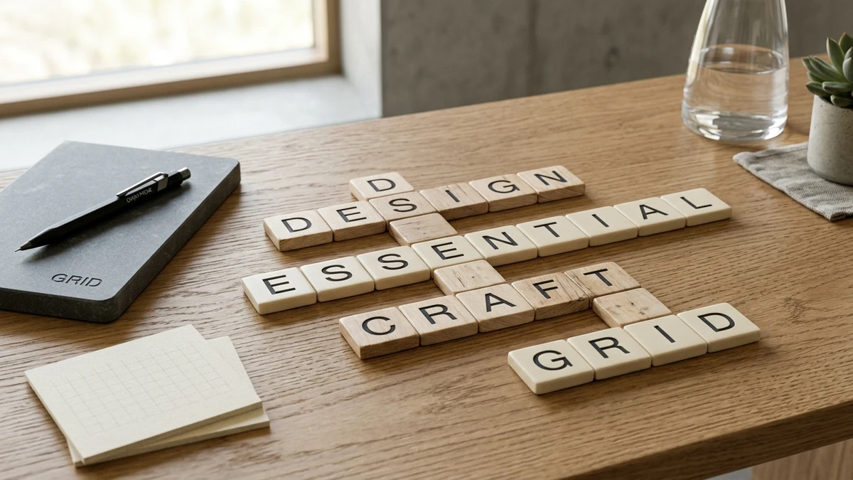 Tactile wooden and ivory crossword letter tiles on a minimalist design desk